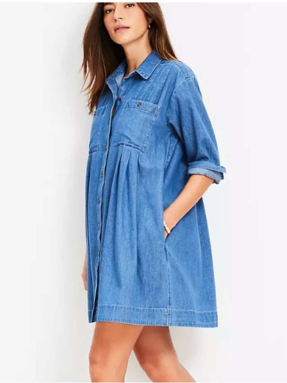 NWT Loft Chambray Pleated Mini Pocket Dress Size Small